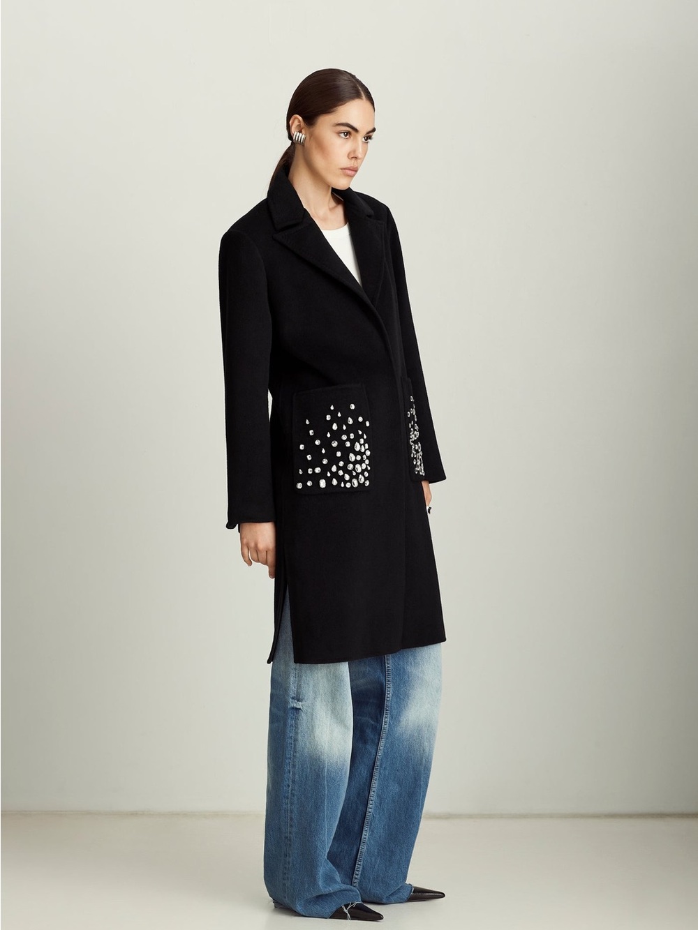 Dawn Levy Black Wool-Blend Pea Coat with Embellished Pocket Detail Size S NWT